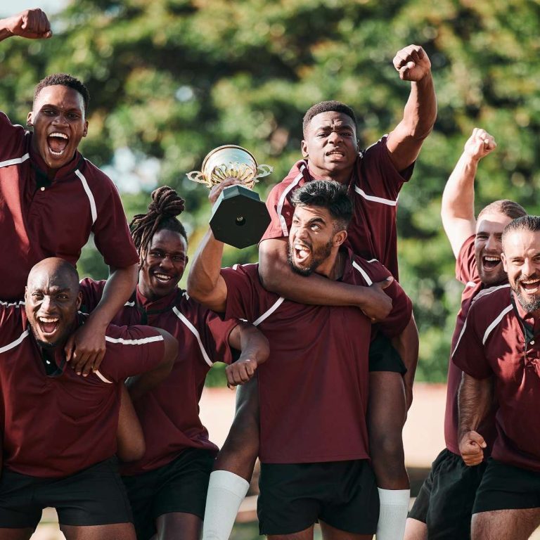 Excited, portrait and rugby team with trophy in celebration at field outdoor for target, champion g.